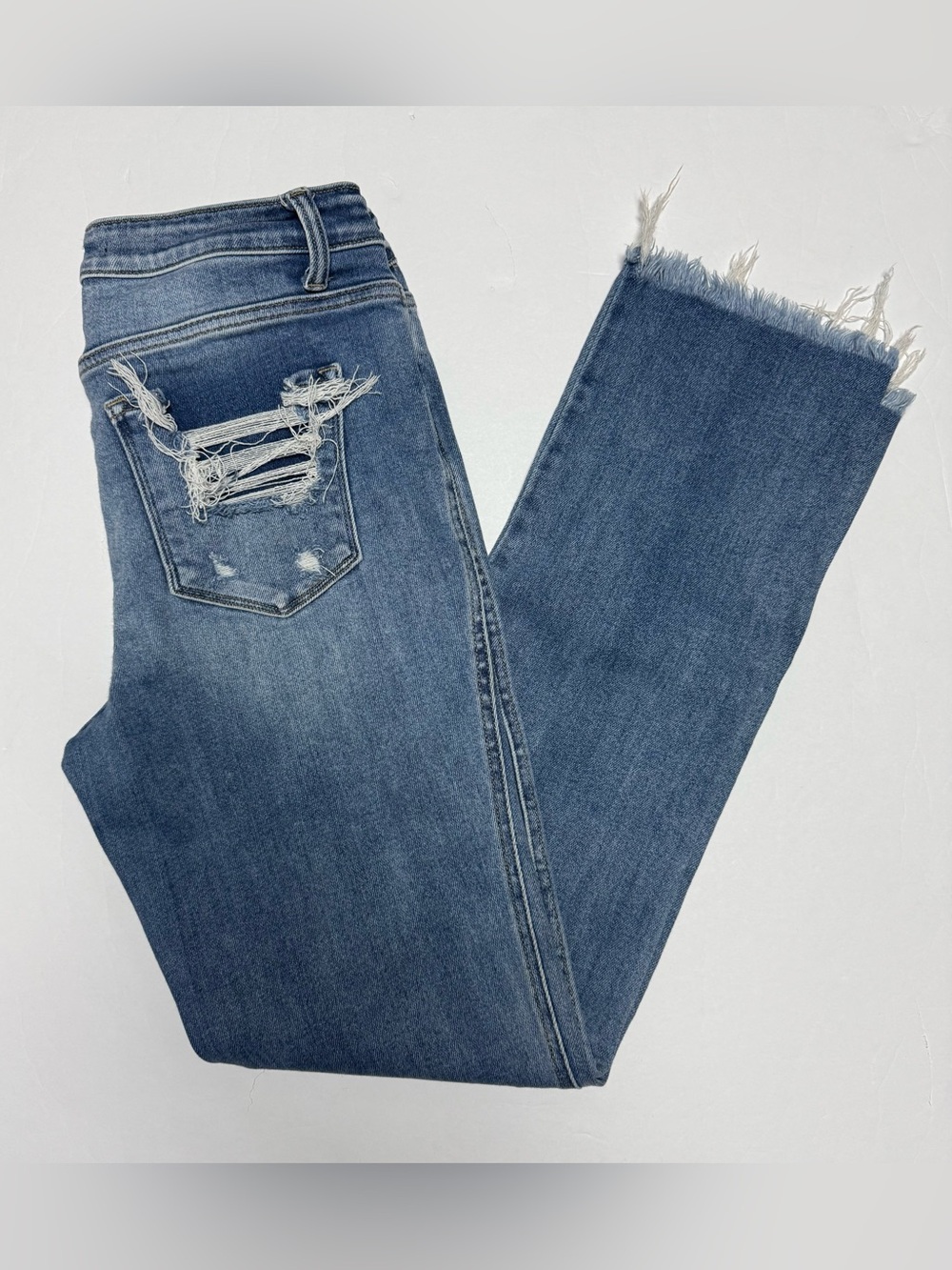 Flying Monkey High rise Straight Frayed Hem Distressed Mid-Blue Women’s Jeans 29
